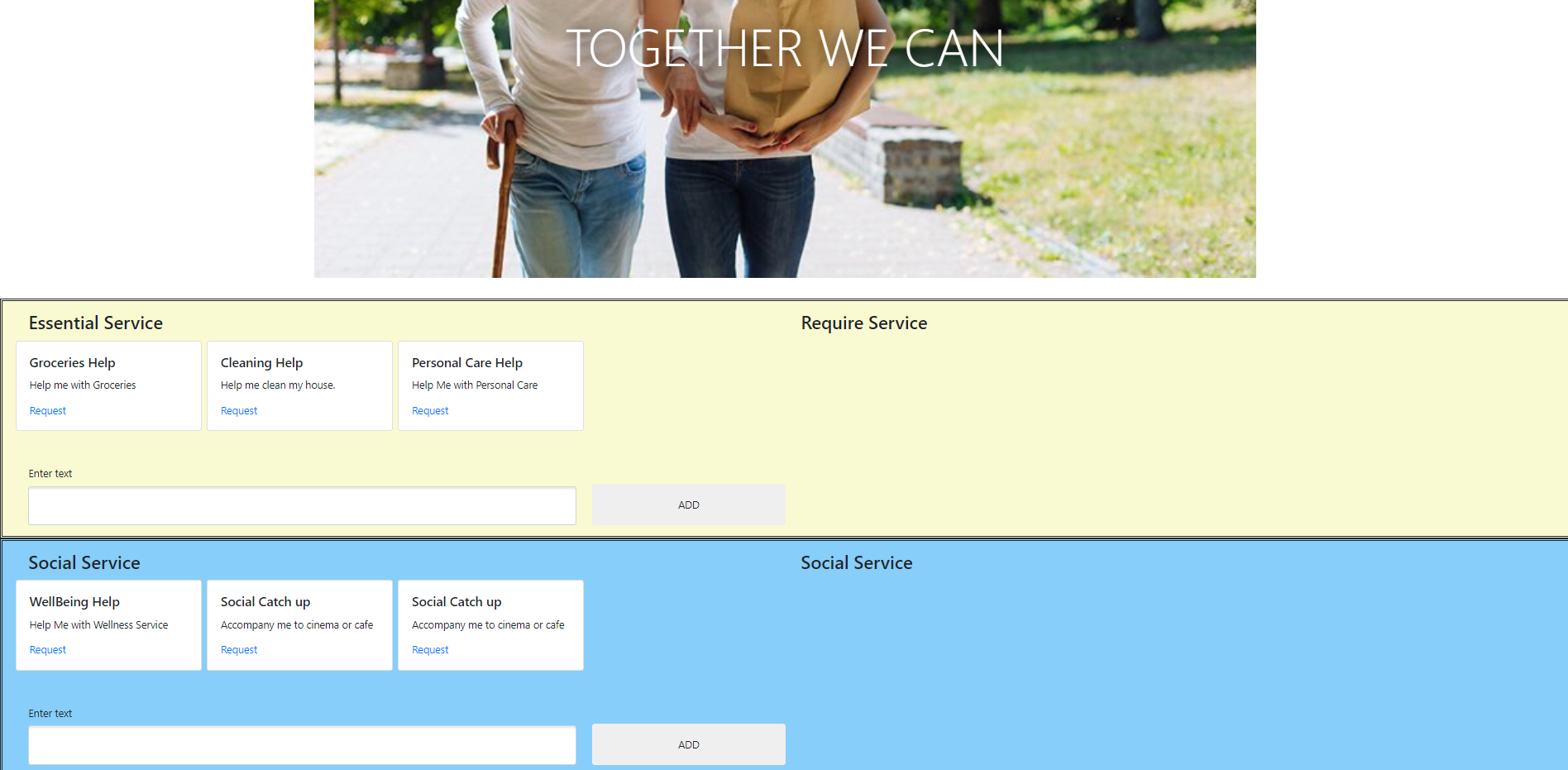 Screenshot of Customer Page, where customers can make service requests